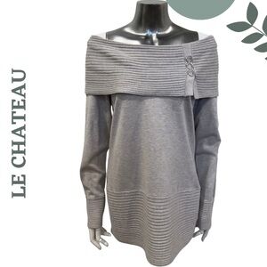 Le Château Gray Off-the-Shoulder Tunic Sweater | Ribbed Foldover Collar Size XXL